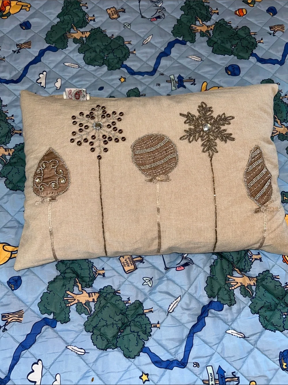Beige Embellished Holiday Pillow with Metallic Accents